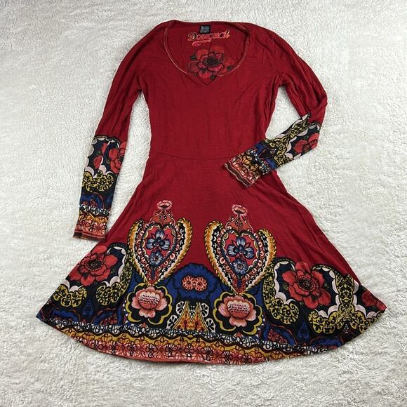 Desigual Dresses & Skirts - Desigual long sleeved fit and flare red paisley soft knit dress, size med